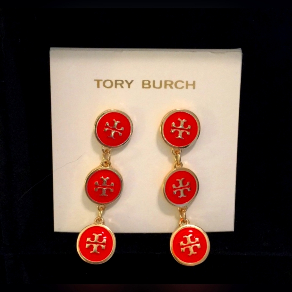 Red and gold drop earrings by Tory Burch